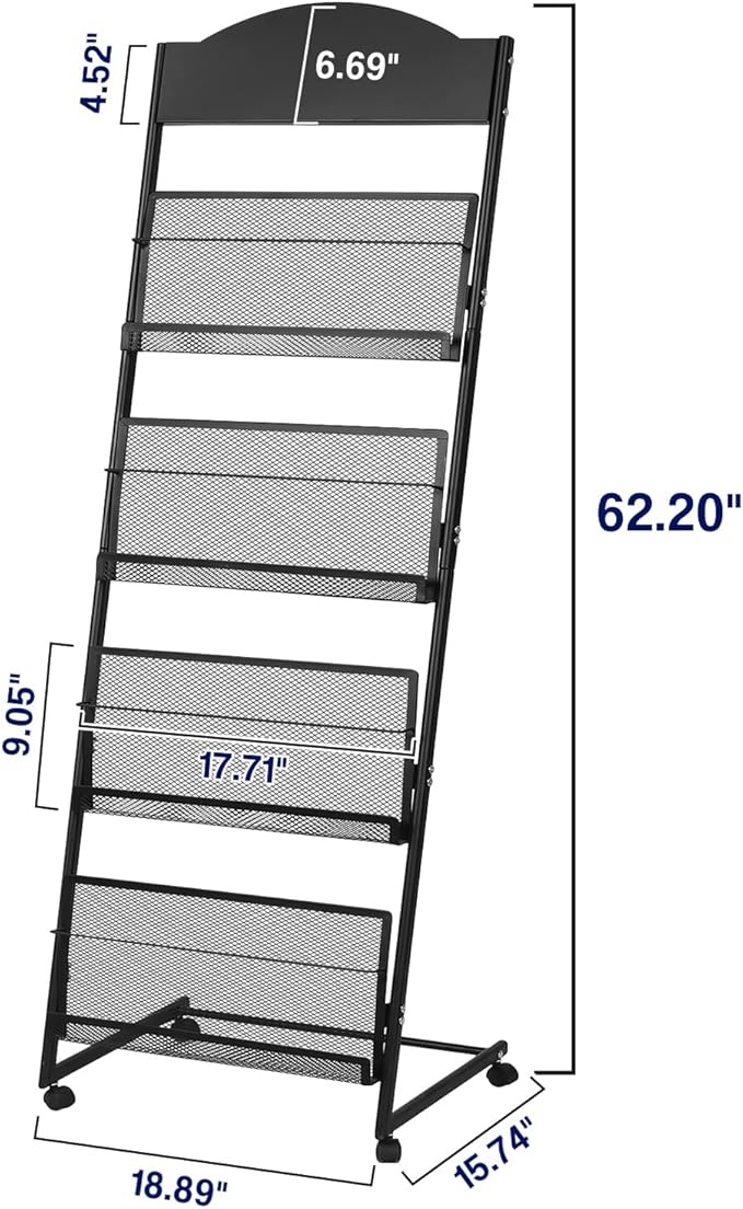 18.9''W Floor-Standing Magazine Display Rack, Rolling Journals, Brochure & Newspaper Stand, Literature Holder for Trade Shows, Exhibitions, & Offices, Black