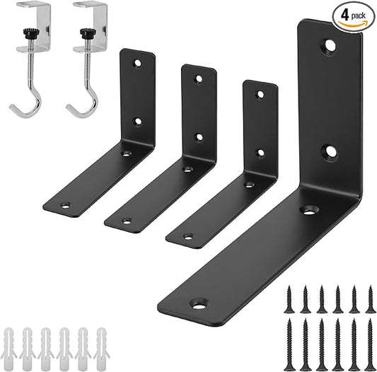 L Floating Shelf Brackets,4 Pack Heavy Duty L Brackets for Shelves, L 6" X H 4" Black Metal Countertop Support Brackets,Wall Mounting for Wood