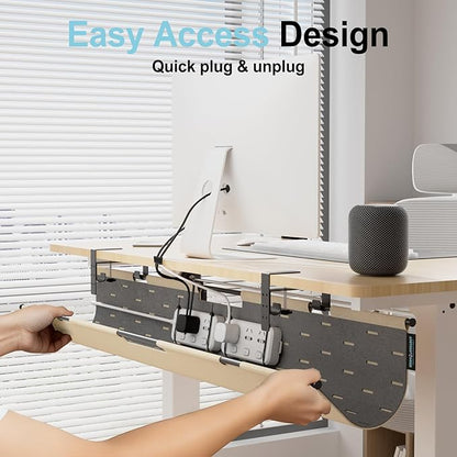 No Drill Under Desk Cable Management Tray, 45.2" Large Felt Cord Organizer with Pegboard-Style Design, Power Strip Holder, Privacy Panel for Standing Desk & Home Office, Clamp/Screw Mount (Khaki/Gray)