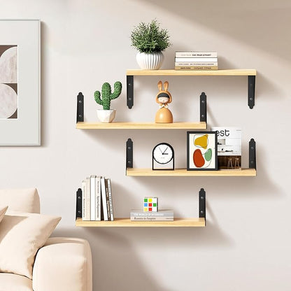 Wood Floating Shelves Set of 4, Rustic Storage Decor Wall Shelves, Wall Mounted Shelf for Living Room, Bedroom 17" x 6", Natural