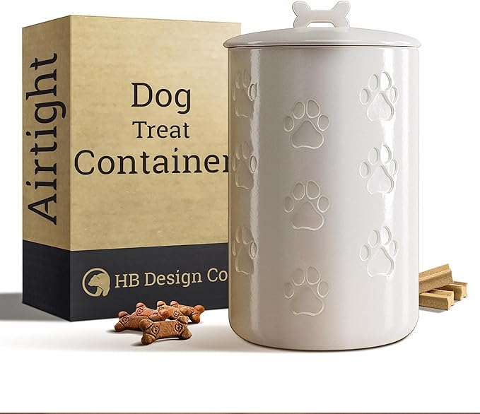 Dog Treat Container Airtight - 5 Inch Wide x 9 Inch Tall Ceramic Dog Treat Jar for Kitchen Counter with Airtight Lid - 7 Cup Capacity Pet Treat Container - Cute Doggie Cookie Jar - Big Treats Canister