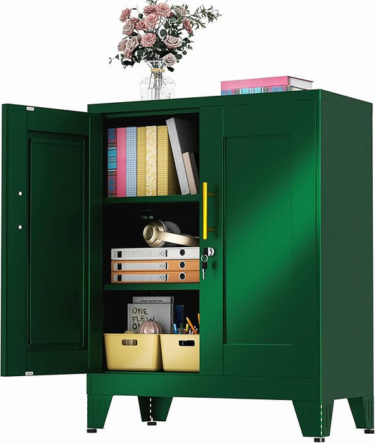 36" Tall Metal Storage Cabinet with Lock, File Cabinet with 2 Doors and 2 Adjustable Shelves, Green Bathroom Floor Storage Cabinets, Freestanding Small Locked Cabinets for Home/Office/Garage