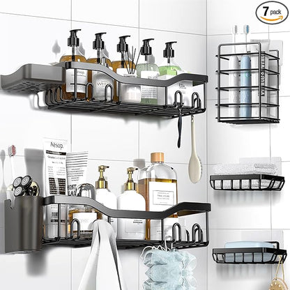 Shower Caddy Adhesive Shower Organizer 7-Pack, Rustproof Stainless Steel Bathroom Shelves, Large Capacity No-Drill Rack Storage Accessories with Soap Dish Toothbrush Holder &24 Hooks Home Decor