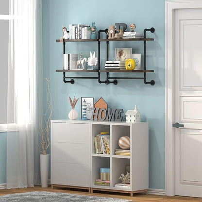 Helsin 24inch Industrial Pipe Shelving Bathroom Shelves Wall Mounted with Towel bar, 2 Tier Rustic Wood Floating Shelf, Metal Towel Rack Wall Shelf for Home & Bathroom (Brown, 24inch)