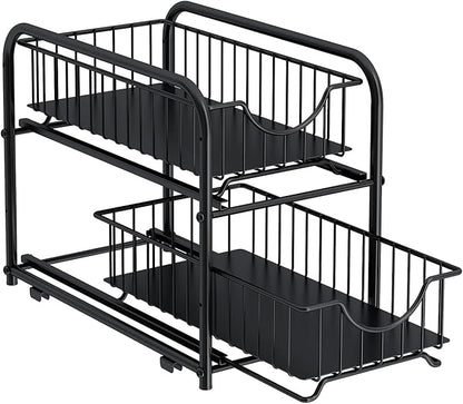 AIYAKA Pull-out Cabinet Organizer, Stackable 2-tier Under Sink Rack, with Sliding Storage Drawer for Pantry, and Desktop, for Bathroom, Kitchen, Office, Black