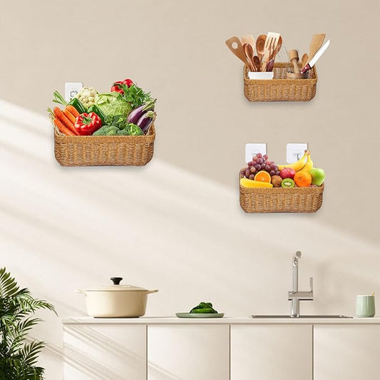 2 PCS Hanging Storage Baskets,Shower Organiser With Hooks, Bathroom Storage Accessory Shelf Organiser,Wall Mount Wicker Basket For Cosmetics, Soap Dispensers, Shower Products(Yellow-(S+M))