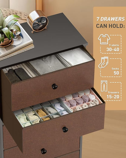 Tall Fabric Dresser for Bedroom, Vertical Storage Organizer Tower with 7 Drawers, Chest of Drawers with Bins, Steel Frame, Wood Top for Bedroom, Closet, Entryway Grey