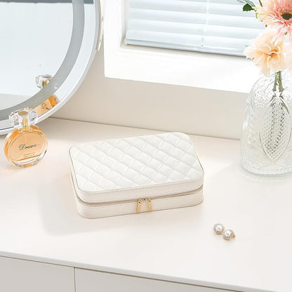 Lolalet Travel Jewelry Case for Women Girls, Travel Jewelry Organizer Box with Mirror & Clear Storage Bag, Small Portable Earring Necklace Bracelet Ring Case, Birthday Valentine Gifts -Medium, White