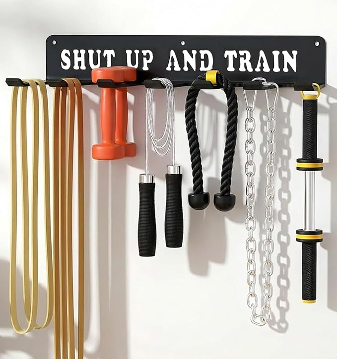WIPHANY Home Gym Accessories Organization Storage Rack Equipment For Home 8 Hook Wall Hanger Display Gear Barbells Resistance Bands Jump Ropes Lifting Belt Hanger Accessories Hardware Included