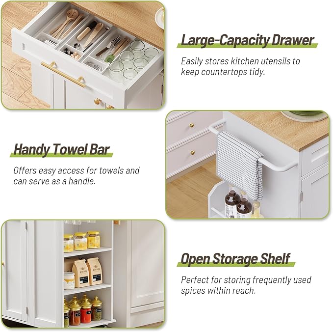 Kitchen Island with Storage, Rolling Kitchen Table with Drop Leaf, Charging Station, 3 Open Adjustable Shelf & Drawer, Towel Rack, Mobile Kitchen Cart for Dining Room, White and Natural