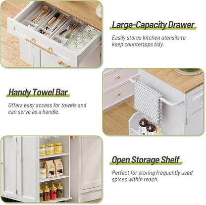 Kitchen Island with Storage, Rolling Kitchen Table with Drop Leaf, Charging Station, 3 Open Adjustable Shelf & Drawer, Towel Rack, Mobile Kitchen Cart for Dining Room, White and Natural
