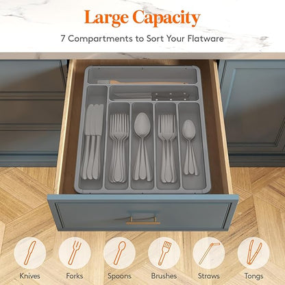 Lifewit Silverware Organizer with Lid, Covered Utensil Tray for Kitchen Drawer and Countertop, Plastic Cutlery and Flatware Storage Box for Spoons Forks Knives Holder Case, 29 x 37cm, Gray