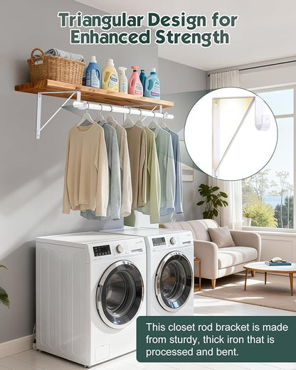 4 Pack Closet Rod Bracket, Heavy Duty Closet Rod Support with Rod Holder, Wall Mounted Closet Shelf Brackets with Triangle Stabilizing Design for Closet, Bathroom and Kitchen, White