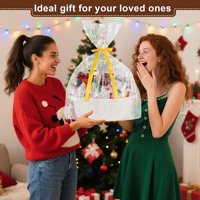 OIAHOMY Christmas Gift Basket with Handle, Small Woven Basket with Gift Bag, Ribbon and Wrap Tissue Paper, Nursery Bins Empty to Fill with Small Items, Baby, Pet Toy Organizer - Christmas White