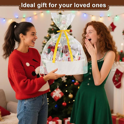 OIAHOMY Christmas Gift Basket with Handle, Small Woven Basket with Gift Bag, Ribbon and Wrap Tissue Paper, Nursery Bins Empty to Fill with Small Items, Baby, Pet Toy Organizer - Christmas White