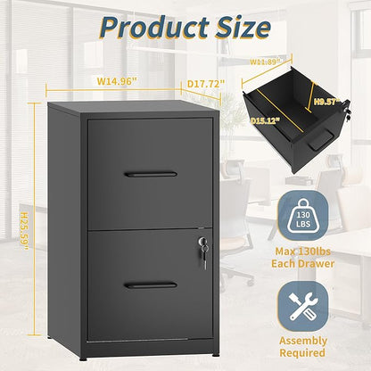 2 Drawer File Cabinet with Lock, Vertical Filing Cabinets for Home Office, Metal Storage Cabinet, Heavy Duty File Cabinet for Under Desk, Amsseble Required, Black