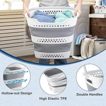 Collapsible Laundry Baskets Foldable Pop Up Laundry Hamper Plastic with Comfort Handles Folding Laundry Basket Space Saving Portable Dirty Clothes Hamper Storage Container/Organizer (Grey, 2 Packs)