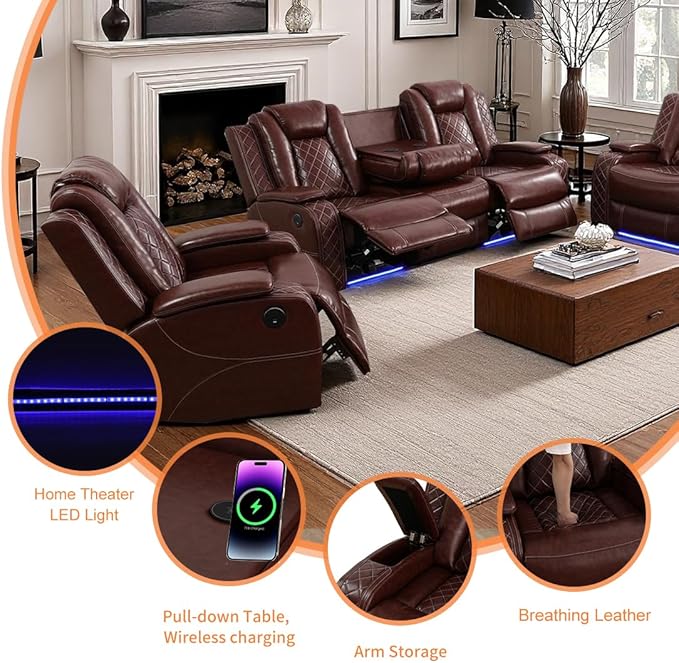 Living Room Furniture Sets, Power Recliner Sofa Set, Modern Leather Reclining Couch Furniture Set for Living Room, Includes 2 Recliner Chairs and 1 3-Seater Reclining Couch for Home and Office