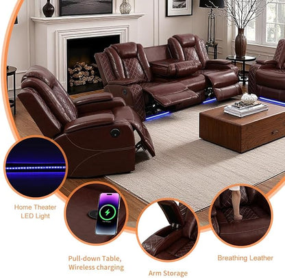 Living Room Furniture Sets, Power Recliner Sofa Set, Modern Leather Reclining Couch Furniture Set for Living Room, Includes 2 Recliner Chairs and 1 3-Seater Reclining Couch for Home and Office