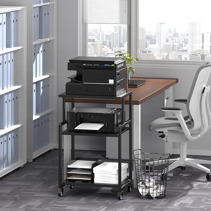 Printer Stand, 3 Tier Mobile Printer Table for Home Office, 21.3 x 15.7 Inch Rolling Height Adjustable Storage Shelf, Printer Cart with Wheels for Heat Press Scanner Fax, Black