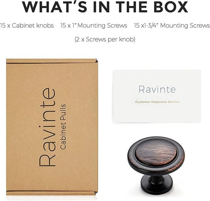 Ravinte 15 Pack 1-1/4 inch Kitchen Cabinet Knobs Oil-Rubbed Bronze Zinc Pulls Door Handles for Dresser Drawers