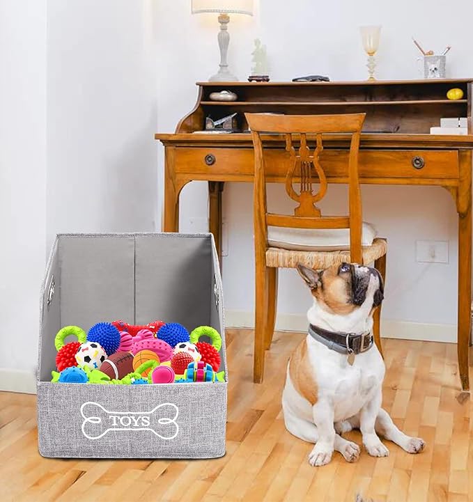 Geyecete Big Dog Toys Storage Bins Canvas Foldable Fabric Trapezoid with metal handles pet Baskets,Storage Bin Large toy box Organizer-Gray