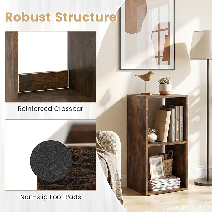 Giantex 2-Cube Bookcase, Cubby Bookshelf w/Back Guardrail & Anti-Tipping Kits, 3-Tier Freestanding Storage Organizer with Shelves, Open Back Display Rack for Living Room, Bedroom, Rustic Brown