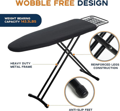 Ironing Board Full Size, RAINHOL 54"x13" Heavy Duty Compact Ironing Board with Iron Rest, Heat Resistant Cover with Ultra Thick Padding, Height Adjustable Sturdy Iron Stand, Black