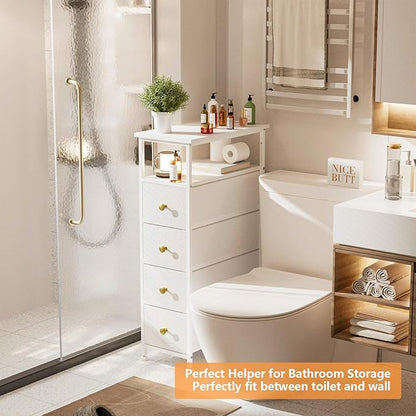 Narrow Dresser for Bedroom, Slim Dresser Storage Tower, Chest of 4 Fabric Drawers with Wood Shelf, Bathroom Organizers and Storage for Small Spaces, Laundry, Closet, White