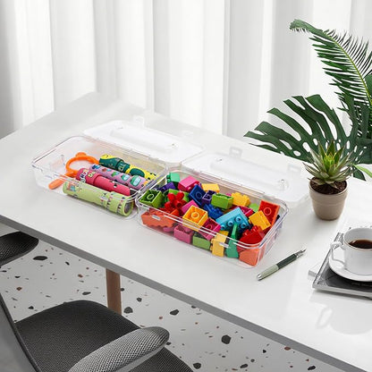 2 Pack Plastic Storage Containers with Lid, Stack & Carry Craft Box with Handle, Multipurpose Office Supplies Organizers, Potable Pencil Storage Bin for Stationery, Crayons, Sewing, Makeup
