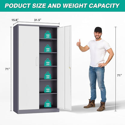 Metal Storage Cabinet with 2 Doors and 6 Shelves,Gray White Metal Cabinet with Lock,71" Lockable Garage Storage Cabinets,Locking File Cabinet,Steel Tool Cabinets for Home,Office,Garage,Shop,School