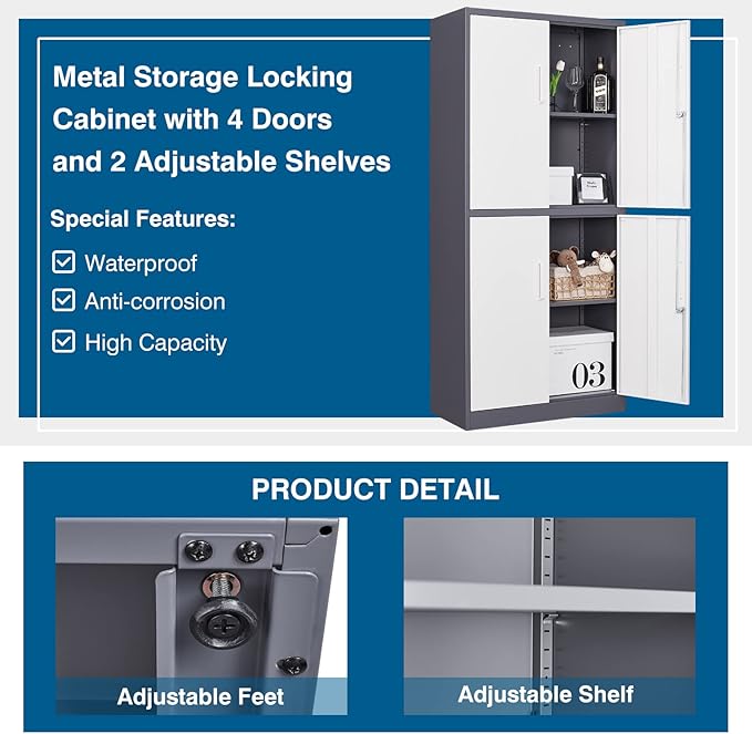 Metal Storage Cabinet with Lock, 71" Tall Steel File Locker with 2 Adjustable Shelves and 4 Doors, Tall Cabinet for Office, Garage, Home, Pantry (Grey White)