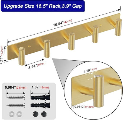 Coat Rack Wall Mount - 5 Hat and Coat Hooks, Heavy Duty Towel Racks for Bathroom Entryway, Wall Hooks for Hanging Robes Bags, Hat Rack Key Hanger Organizer (Gold)