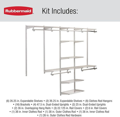 Rubbermaid Configurations Deluxe Custom Closet Kit 4-8 Ft. Adjustable Metal Wire Shelving Titanium Finish Expandable Organization System Hardware Included for Home Closet/Pantry/Laundry/Mudroom