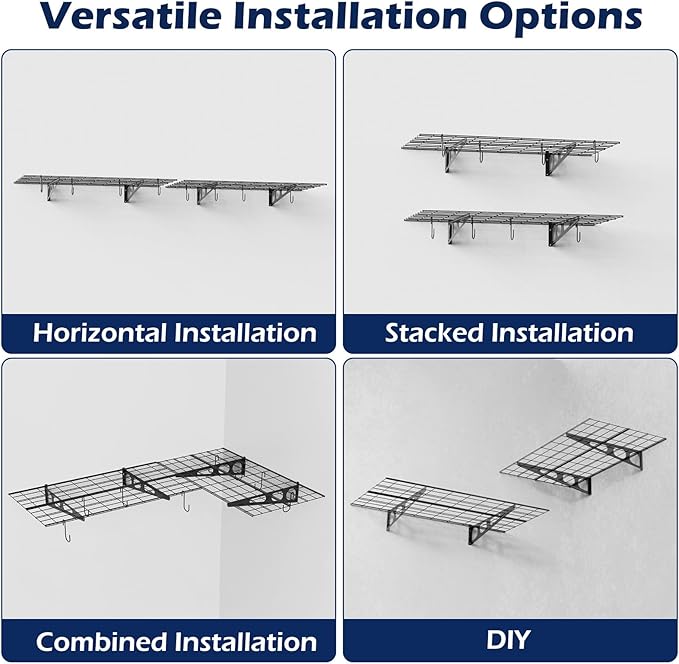 2x3 Ft Garage Wall Shelving, 700 lbs Heavy Duty Metal Garage Shelf Storage Organization, 24x36 Inch Wall Mounted Floating Shelves with Hooks, High Capacity, Space Saving, 2 Pack