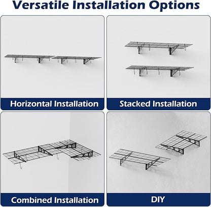 2x3 Ft Garage Wall Shelving, 700 lbs Heavy Duty Metal Garage Shelf Storage Organization, 24x36 Inch Wall Mounted Floating Shelves with Hooks, High Capacity, Space Saving, 2 Pack