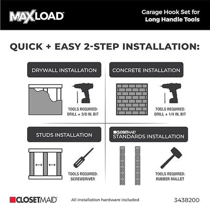 ClosetMaid MaxLoad 3-Pack Garage Hooks & Hangers Wall Mount Heavy Duty Storage for Long Handle Tools, Cords, Hoses, Shovels, Rakes, Brooms, Black