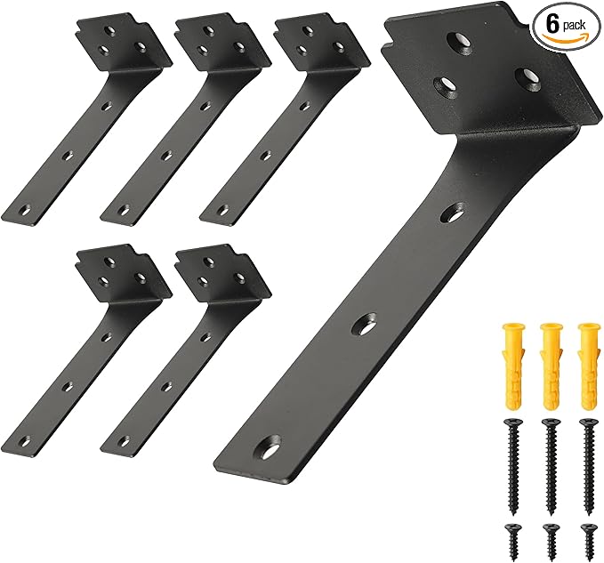 Floating Shelf Brackets,6 Pack Heavy Duty L Brackets for Shelves, 6 Inch Black Stainless Steel Countertop Support Brackets,Wall Mounting for Wood