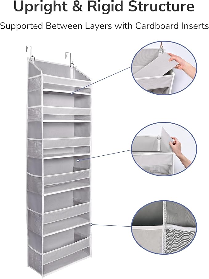 ULG Over The Door Organizer with 6 Large Pockets 12 Side Pockets, 50lbs Weight Capacity Door Hanging Organizer for Bedroom, Bathroom, Pantry, Nursery Storage, Gray