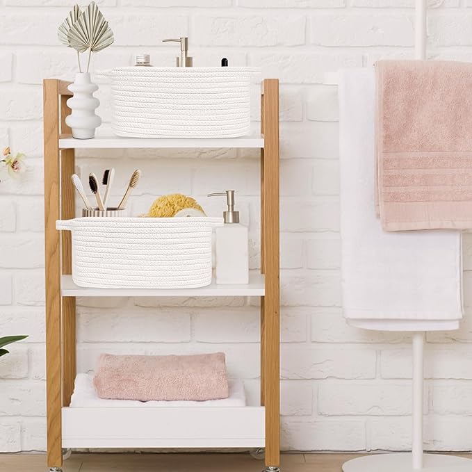 ABenkle Small White Basket, Soft Woven Storage Bins Baskets for Cat Dog Toys Organizer, Decorative Shelves Closet Organizing Basket Chest Box, Empty Gift Baskets