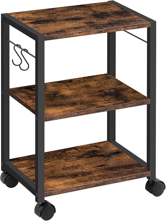 Printer Stand, 3-Tier Under Desk Rolling Cart with Storage Shelf, Heavy Duty Printer Table with Wheels for Home and Office, Printer Shelf with 2 Hooks, Small Spaces, Rustic Brown PTHR4001Z