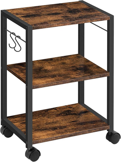 Printer Stand, 3-Tier Under Desk Rolling Cart with Storage Shelf, Heavy Duty Printer Table with Wheels for Home and Office, Printer Shelf with 2 Hooks, Small Spaces, Rustic Brown PTHR4001Z