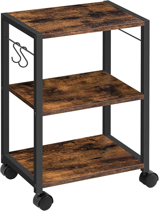 Printer Stand, 3-Tier Under Desk Rolling Cart with Storage Shelf, Heavy Duty Printer Table with Wheels for Home and Office, Printer Shelf with 2 Hooks, Small Spaces, Rustic Brown PTHR4001Z