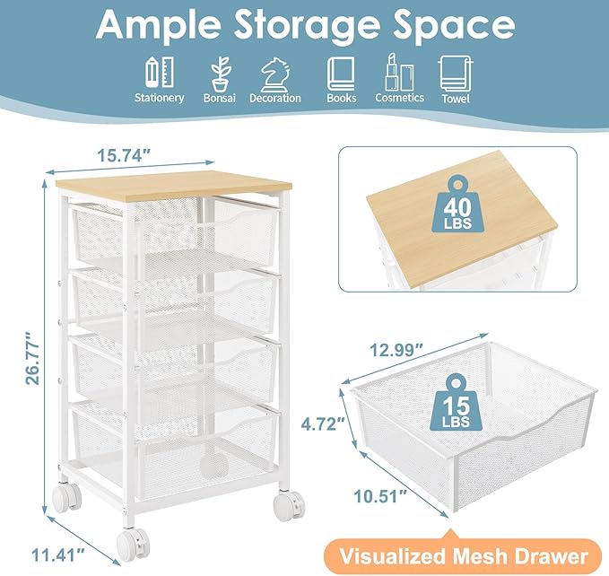 Utility Cart with 4 Drawers, Rolling Storage Cart, Metal Rolling Drawer Cart with Lockable Wheels and Wooden Tabletop, Craft Storage Art Cart for Living Room, Bedroom, Classroom, Office, White