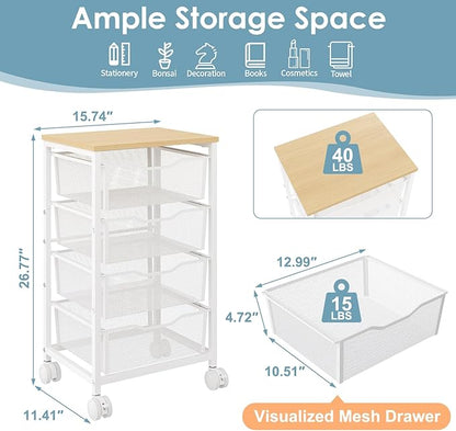 Utility Cart with 4 Drawers, Rolling Storage Cart, Metal Rolling Drawer Cart with Lockable Wheels and Wooden Tabletop, Craft Storage Art Cart for Living Room, Bedroom, Classroom, Office, White