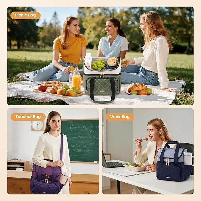 LOVEVOOK Insulated Lunch Bag For Women,Large Double Deck Adult Lunch Box,Teacher Lunch Tote Bag With Cup Holder,Leakproof Cooler Bag With Adjustable Shoulder Strap For Work Picnic Beach