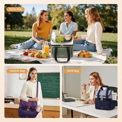LOVEVOOK Insulated Lunch Bag For Women,Large Double Deck Adult Lunch Box,Teacher Lunch Tote Bag With Cup Holder,Leakproof Cooler Bag With Adjustable Shoulder Strap For Work Picnic Beach