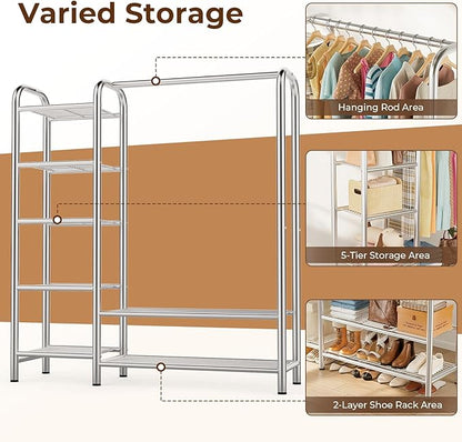 Heavy Duty Clothes Rack with 5 Tiers Shelves, Max Load 670LBS, Portable Freestanding Multi-Functional Metal Clothing Rack with Hanging Rods Organizer System for Bedroom Closet Wardrobe, Chrome