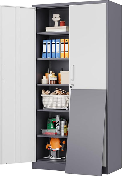 Wide & Deep Metal Storage Cabinet with 2 Doors and 5 Adjustable Shelves,72 inch Tall Locking Garage Storage Cabinet with Lock,Gray White Pantry Cabinets,Steel Cabinets for Home,Office,Garage 72x36x18