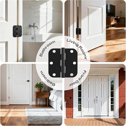 12 Pack Black Door Hinges 3.5 Inch 5/8" Radius Round Ball Bearing Anti-Squeak Flat Iron Hinges for Bedroom Doors Standard 3-1/2" Hardware for Home Improvement and Decor